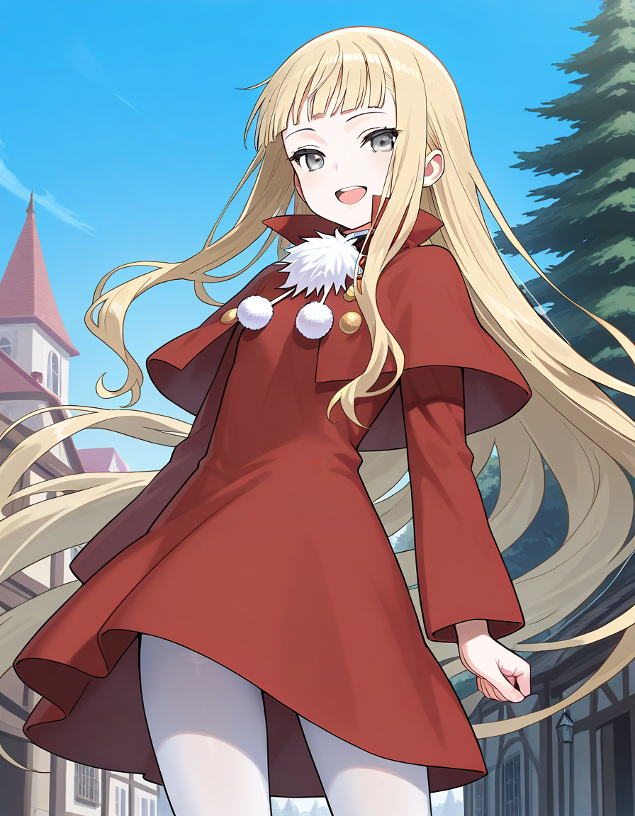 masterpiece, best quality, good quality,<lora:Belfraw_Martini_IS:1>Belfraw_Martini, 1girl, solo, very long hair, blonde hair, gray eyes,
 bangs,  no hat, bangs, hime cut,
1girl, solo,  open mouth, pom pom (clothes), capelet, 
sky, :d, looking at viewer, long sleeves, white pantyhose, red dress, outdoor, town, tree, smile, looking at viewer, cowboy_Shot,