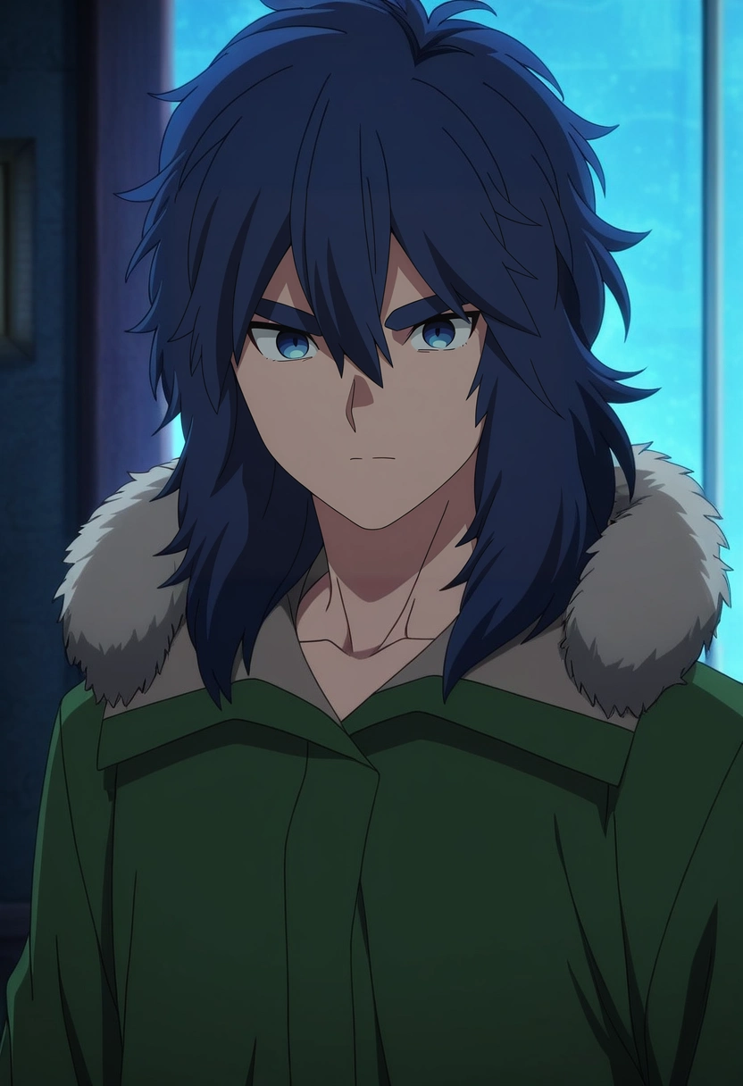 masterpiece, best quality, intricate details, anime screencap, , ,, 1boy, solo, male focus, <lora:yui_kemono_jihen_ilxl:0.9>, yui_kemono_jihen, blue hair, blue eyes, long hair, hair between eyes, bangs, thick eyebrows, green coat, fur trim,