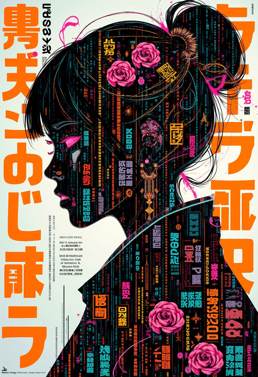 Japanese Manga style Poster with bold large fonts and graphics, High quality, Ultra HD, Imagine a vibrant canvas illuminated by a cascade of vibrant encaustic decoupage & metallic teal, amber, orange, pink, aqua, indigo, silver, violet, red & gold binary code, forming the (silhouette), The dynamic patterns, reminiscent of a digital dance, weave together to create a harmonious fusion of technology and art, The binary code breathes life into form, silhouette emerges as a synthesis of the digital and the organic, a testament to the seamless integration of technology and beauty, vibrant liminal surrealism, masterful creation, high detailed, glowing zentangle accents, volumetric, Painstaking Attention To Detail, UHD
