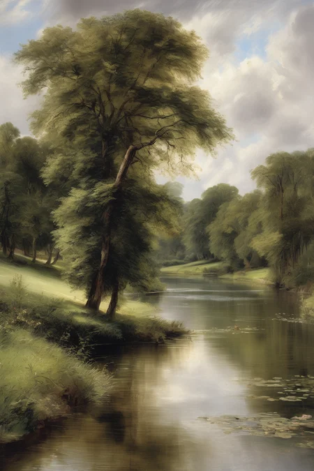 John Constable Style - A high quality canvas romanticism in the style of john constable The Serene River, A river winding through a lush countryside. The painting captures the tranquil atmosphere, with the gentle flow of the water reflecting the surrounding trees and sky. Constable's use of soft, muted colors and precise brushwork conveys a sense of harmony and serenity uhd image