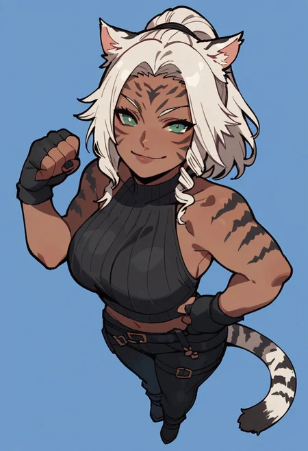 score_9, score_8_up, score_7_up, ffxiv, final fantasy xiv, 1girl, white hair, green eyes, ponytail, toned, large breast, tiger pattern, tiger tail, animal tail, eyes, facial marks, dark-skinned female, tiger ears, sharp black nail, sleeveless black shirt, black pants, fingerless gloves, smirk, solo, full body, chibi, short female