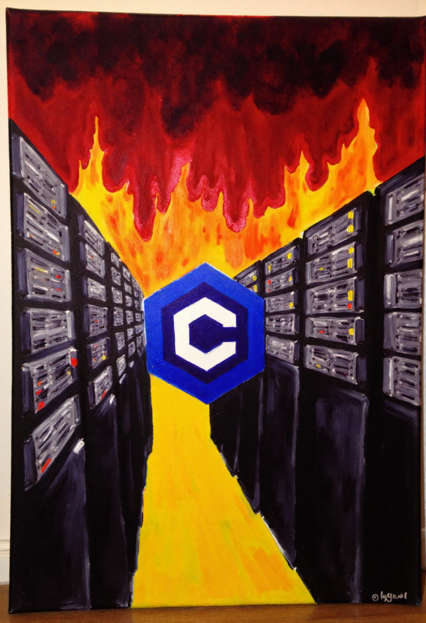 <lora:Thrift_Store_Paintings_FLUX:1><lora:civitaiLogoFlux:1>
The image is a vibrant, expressive painting on canvas depicting a scene of a computer server room burning on fire with civitaiLogo on the servers.