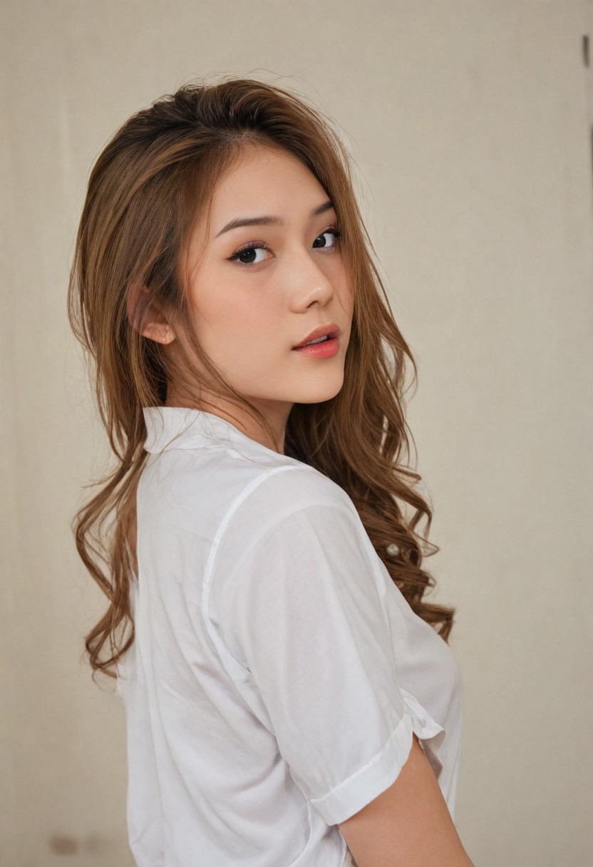 masterpiece, best quality, amazing quality, film grain,(beautiful indonesian woman, ulzzang-6500-v1.1),  (photorealistic:1.4), 1girl,dynamic view, shy, arched back, white shirt, (brown messy long hair:1), border light, depth of field, looking at viewer, standing, looking at viewer