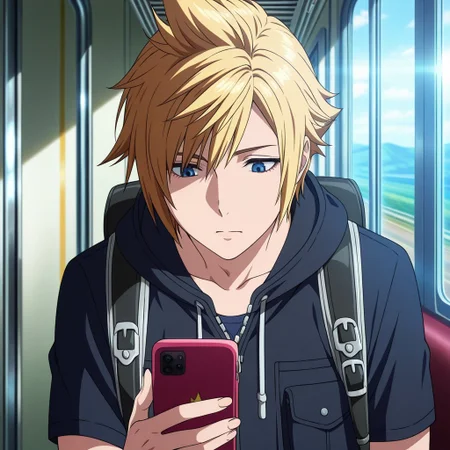 anime screencap, masterpiece, best quality,  1boy, inside train, holding smartphone, backpack, looking at phone, sun filtering through, ffxv style,  anime coloring, 2d, flat coloring, cel shading, cel shaded