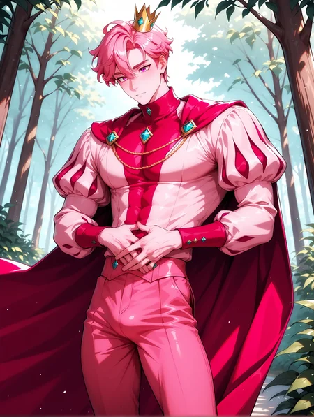 masterpiece, best quality, perfect hands, hyper-Detailed, amazing quality, very aesthetic, amazing quality, dynamic angle, solo, imtdgary, 1boy, manly, masculine, male, fit body, pink hair, short hair, crown, pink eyes, puffy sleeves, long sleeves, colored skin, pink skin, pants, pink pants, cape, turtleneck, detailed background, beautiful background, nature, garden
