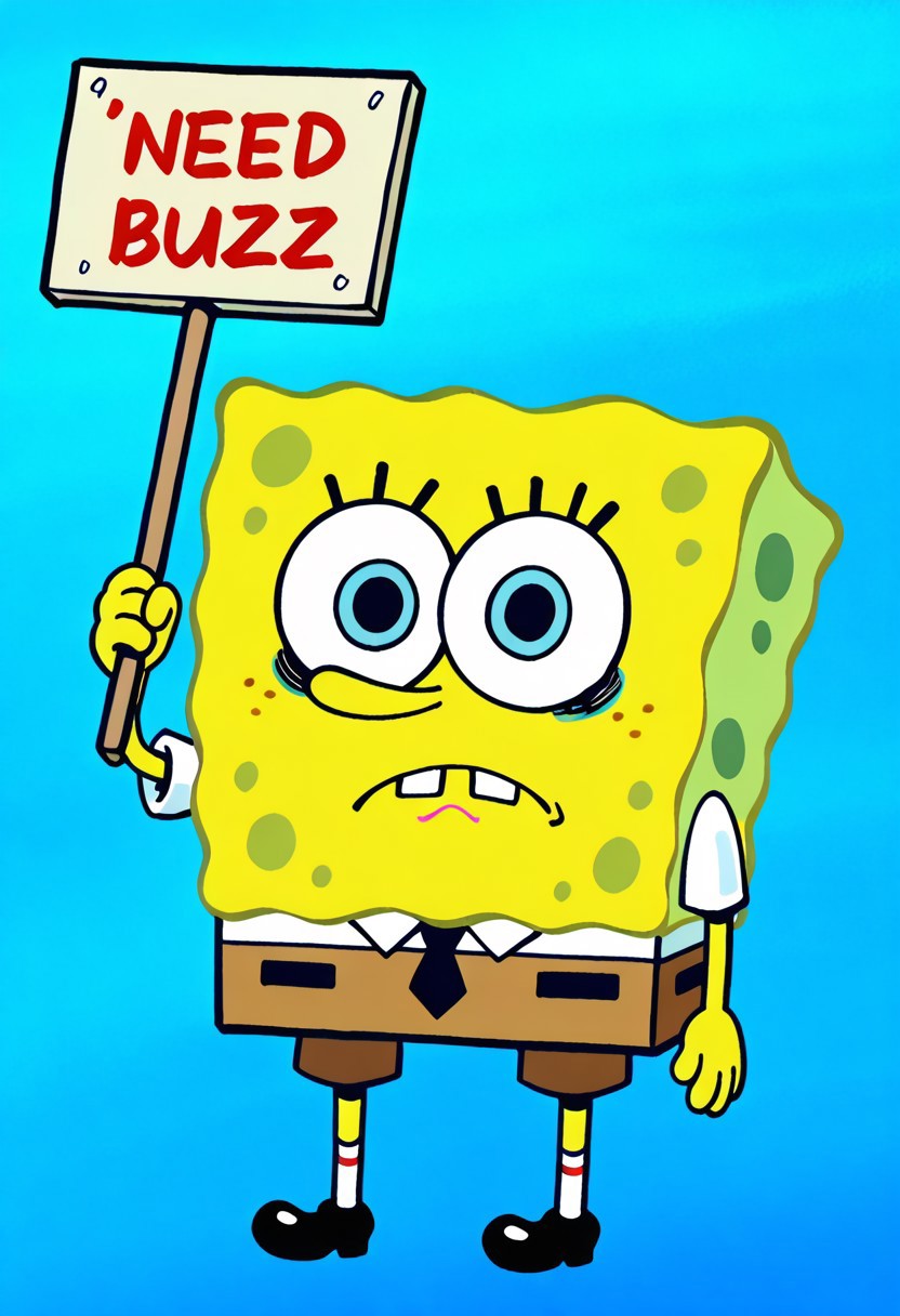 (chibi Spongebob:1.5), (1boy:1.2), (solo:1.2), (tired with eye bags:1.3), (holding a sign that says "I need buzz":1.6), (need_buzz:1.5),