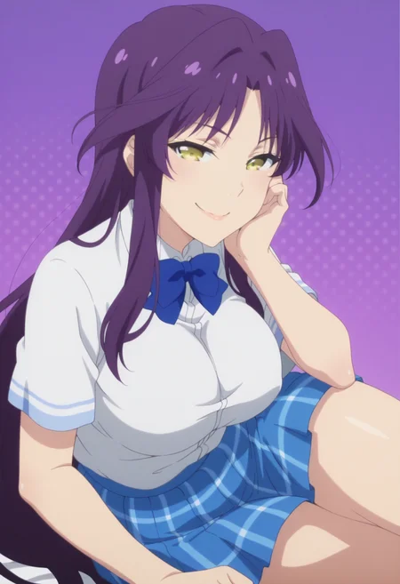 anime screencap, anime coloring,   <lora:DX888Kyou:1> goshouin kyou, yellow eyes, purple hair, very long hair, parted bangs BREAK  school uniform, white shirt, blue bowtie, plaid skirt, blue skirt BREAK simple background, purple background,  halftone background, BREAK 1girl, breasts, cleavage, hand on own cheek, hand on own face, head rest, large breasts, looking at viewer, lying, on side, smile, smug, solo, thick thighs, (from side:1.2), (v:1.2)
