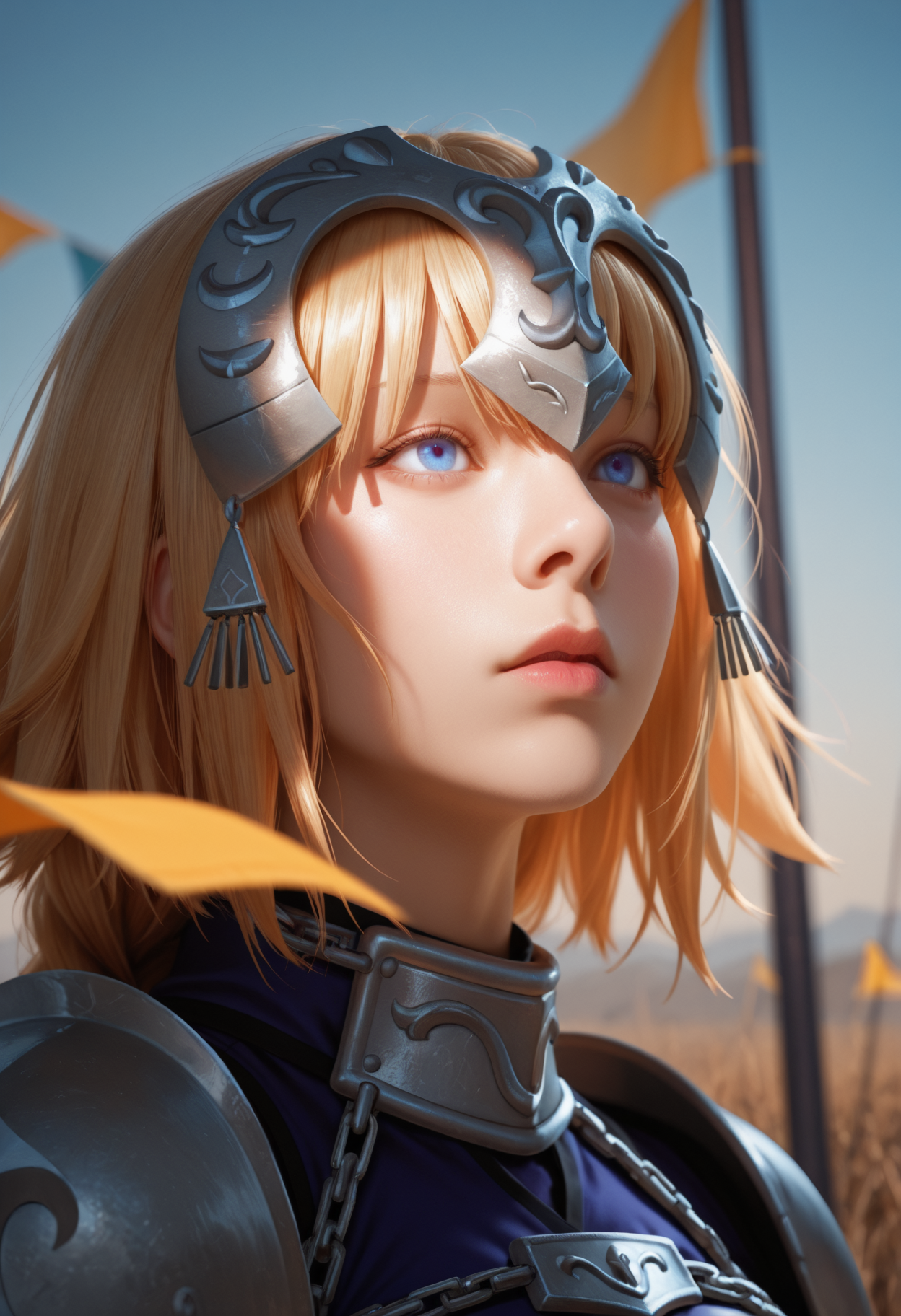 masterpiece, best quality, realistic,
1boy, solo, 
 depth of field, scenery, 
 <lora:Dynamic lighting[IL]:0.85> dynamiclighting
jeanne_d'arc_(fate), fate_(series), 1girl, blonde_hair, blue_eyes
flags, dark environment, armor, head focus,