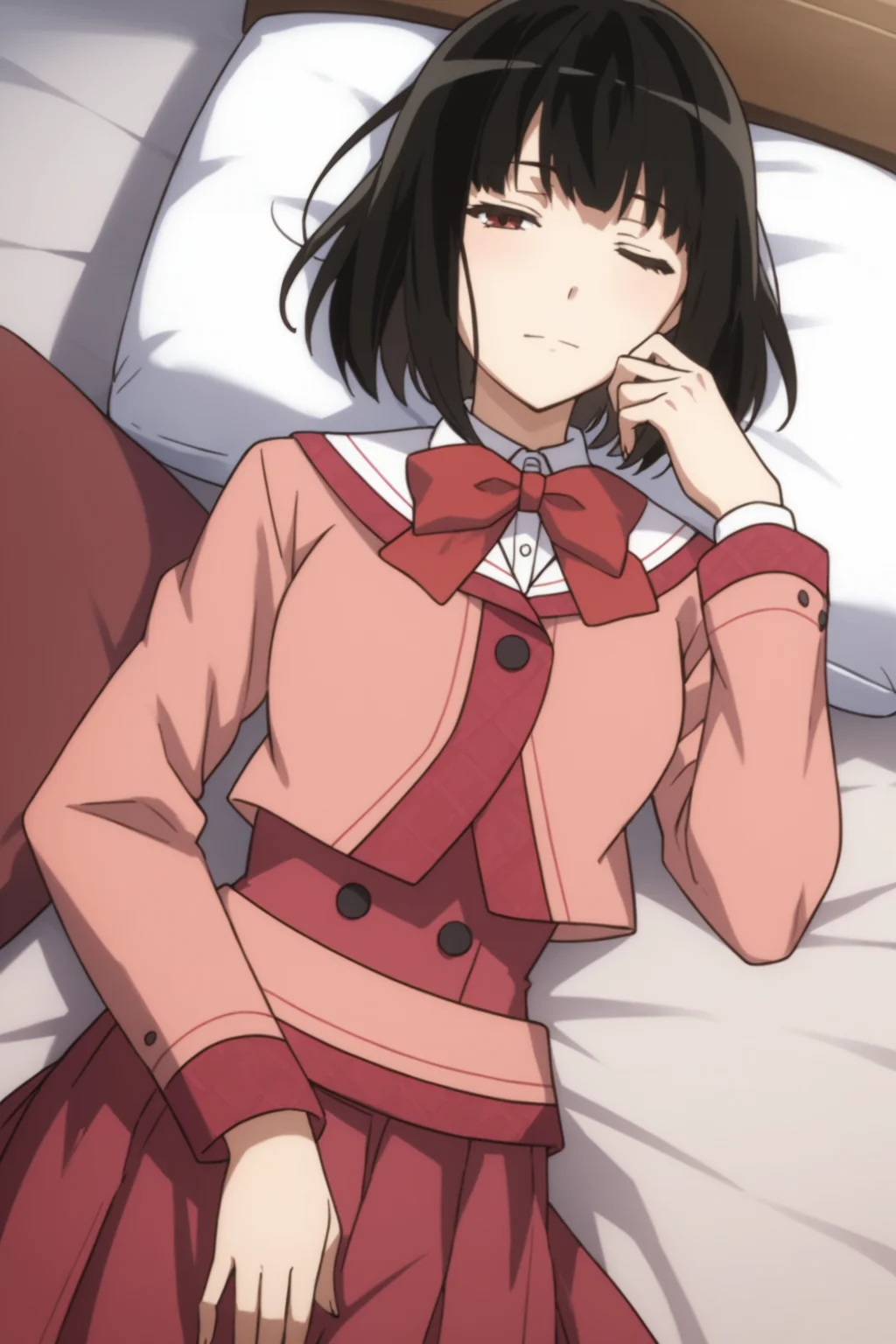 score_9, score_8_up, score_7_up, score_6_up, score_5_up, source_anime, rating_safe, indoors, 1girl, solo, medium breasts, looking at viewer, <lora:age_slider_v4:2>, yagami kagami, black hair, short hair, bob cut, red eyes, school uniform, pink uniform, white collar. pink bowtie, pink jacket, pink shirt, pink skirt, pleated skirt, black kneehighs, loafers, <lora:Kagami_Yagami:0.7>, sleeping, lying