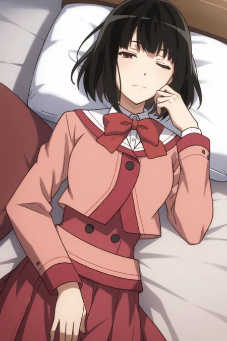 score_9, score_8_up, score_7_up, score_6_up, score_5_up, source_anime, rating_safe, indoors, 1girl, solo, medium breasts, looking at viewer, <lora:age_slider_v4:2>, yagami kagami, black hair, short hair, bob cut, red eyes, school uniform, pink uniform, white collar. pink bowtie, pink jacket, pink shirt, pink skirt, pleated skirt, black kneehighs, loafers, <lora:Kagami_Yagami:0.7>, sleeping, lying