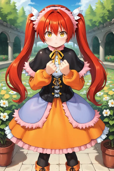 (score_9, score_8_up, score_7_up, score_6_up), source anime, BREAK, <lora:Emilia:0.7> , emidef, 1girl, red hair, long hair, twintails, yellow eyes, pink fur trim, fur-trimmed hairband, fur-trimmed capelet, black capelet, long sleeves, orange sleeves, fur-trimmed dress, purple dress:2, (skirt under dress), orange skirt, corset, (layered dress), neck ribbon, black leggings, boots, looking at viewer, tsundere, battle pose, fists raised, boxing pose, BREAK, <lora:zy_Detailed_Backgrounds_v1:0.3> , detailed background, highly detailed, exterior, garden, courtyard, scenery, flowers, <lora:01lXLP:0.9> , 01l,