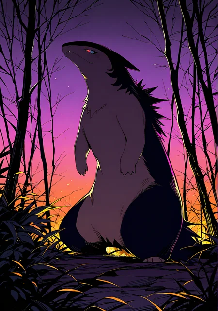 masterpiece,best quality,amazing quality, mmshd, solid black shading, typhlosion, solo, dark forest, night scenery, gradient background, purple skies, orange skies