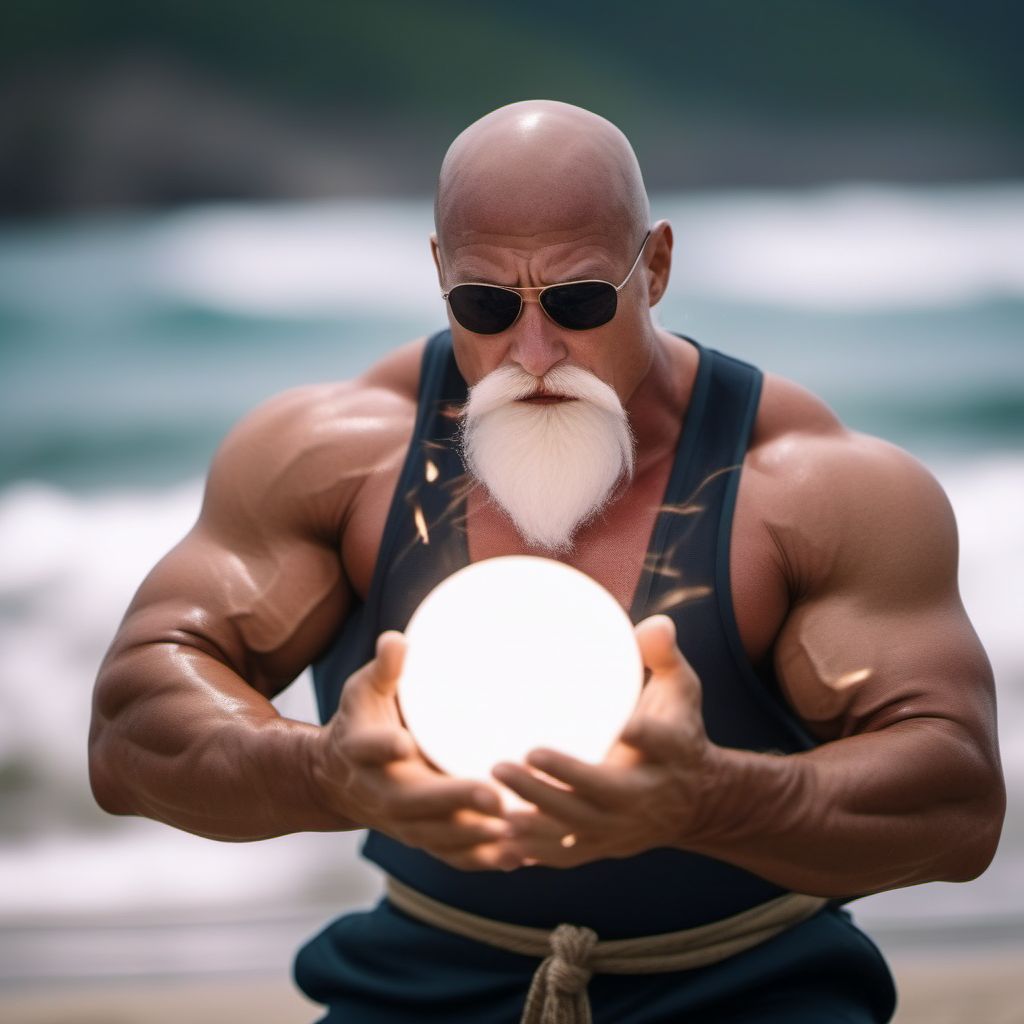 cinematic photo a bald muscular old bodybuildercasting a powerfull spell, dramatic ball lightning from hands, beach, jungle  <lora:MasterRoshi1024-40:0.8> . 35mm photograph, film, bokeh, professional, 4k, highly detailed