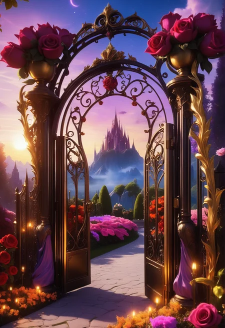 sunrise shines,landscape of a reij-ebsu gate,retro sci fi steampunk, fire <lora:ebony sunset-000001:1>, empty place, the gate surrounded by flowers is made of pam-flwr <lora:SDXL_FLOWER_STYLE:0.9>, a reij-mg outdoor room, neon light <lora:reij-moderngothic:0.8>, field, landscape of a Wonder (Thranduil's Terrace:1.3) , avant-garde, Provia, lots of details, cyberpunk, highly complex, stunning detail, dynamic dramatic atmosphere, dramatic, luxurious sharp focus