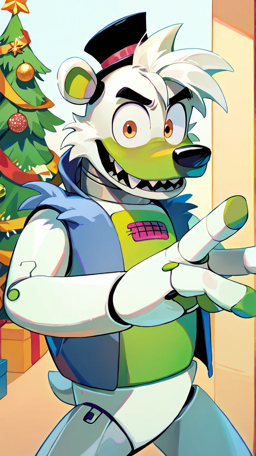 <lora:saucebear_ponyxl-10v1.2:1.7> score_9_up, score_8_up, score_7_up, source_furry, source_cartoon, outside, saucebear, bear ears, large canines, perfect canines, sabertooth, deep blue mini top hat, orange eyes, detailed eyes, green phalanges, four fingers, (((four fingers))), greenish-white body:1.2, (green color front, gray neck, metallic neck:1.5), wearing blue vest, loose vest, thin neck, solo, (looking at viewer), perfect body, detailed hands, toony hands, toony body, toony head, zPDXL2, detailed hat, male focus, nice background, (flat chest), fluffy head:0.8, BREAK, winter scene, christmas tree, christmas scene
<lora:big_eyes_v1:1.0> <lora:zy_Detailed_Backgrounds_v1:0.3>
