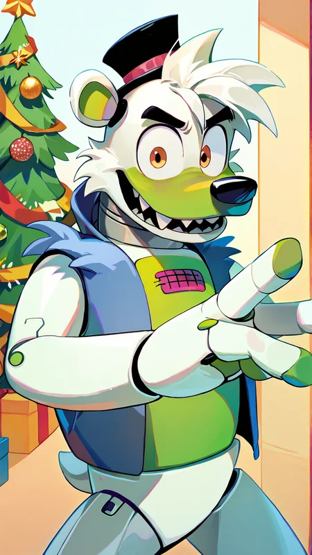 <lora:saucebear_ponyxl-10v1.2:1.7> score_9_up, score_8_up, score_7_up, source_furry, source_cartoon, outside, saucebear, bear ears, large canines, perfect canines, sabertooth, deep blue mini top hat, orange eyes, detailed eyes, green phalanges, four fingers, (((four fingers))), greenish-white body:1.2, (green color front, gray neck, metallic neck:1.5), wearing blue vest, loose vest, thin neck, solo, (looking at viewer), perfect body, detailed hands, toony hands, toony body, toony head, zPDXL2, detailed hat, male focus, nice background, (flat chest), fluffy head:0.8, BREAK, winter scene, christmas tree, christmas scene
<lora:big_eyes_v1:1.0> <lora:zy_Detailed_Backgrounds_v1:0.3>