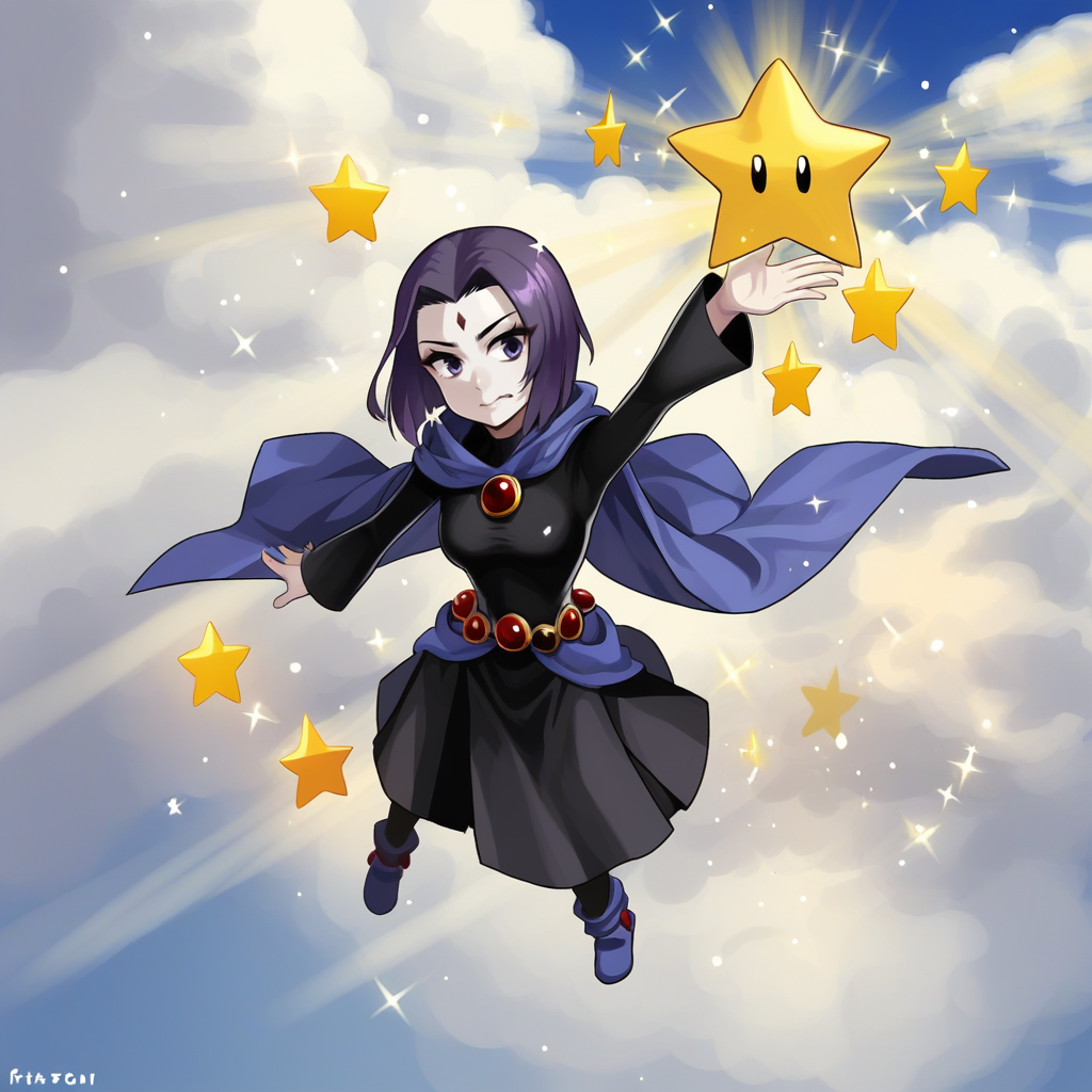 score_9, score_8_up, score_7_up, score_6_up, score_5_up, score_4_up, zPDXL2,source_anime,rating_questionable,  <lora:SuperStar:0.8> sup3rst4r, star (symbol), sparkle, arm up, open hand, high angle, raven, smile, blue sky, clouds