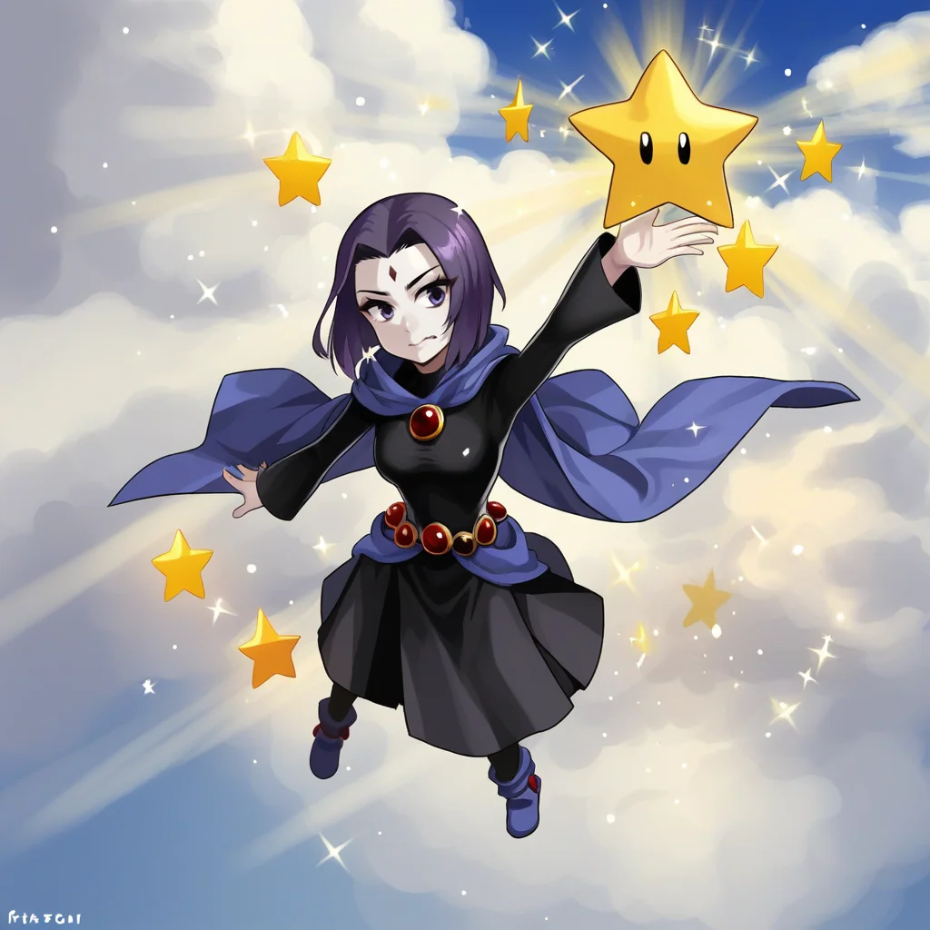 score_9, score_8_up, score_7_up, score_6_up, score_5_up, score_4_up, zPDXL2,source_anime,rating_questionable, <lora:SuperStar:0.8> sup3rst4r, star (symbol), sparkle, arm up, open hand, high angle, raven, smile, blue sky, clouds