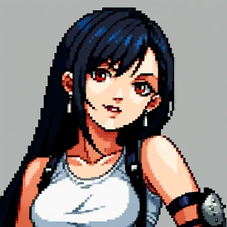 score_9, score_8_up, score_7_up, source_anime, BREAK, solo, 1girl, looking at viewer, <lora:P1-Portraits-pdxl_Fp:1>, portrait, simple background, pixel art, <lora:tifa-pdxl-nvwls-v1:0.8>, defTif, red eyes, black hair, low-tied long hair, earrings, white sports bra, black suspenders, elbow pads,