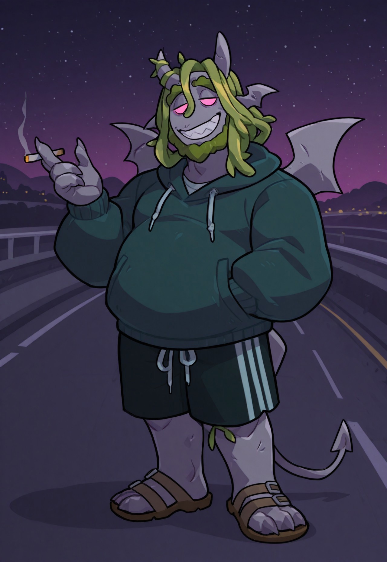  , safe_pos, solo, masterpiece, detailed, uwa, huge filesize, ultra hd, best quality, male focus, (absurdres, highres),
1boy, StuMP, vine hair, beard, horns, pink eyes, demon wings, devil tail, stone skin, green hoodie, shorts, sandals, standing, highway, night, holding cigarette, smile, half lidded eyes