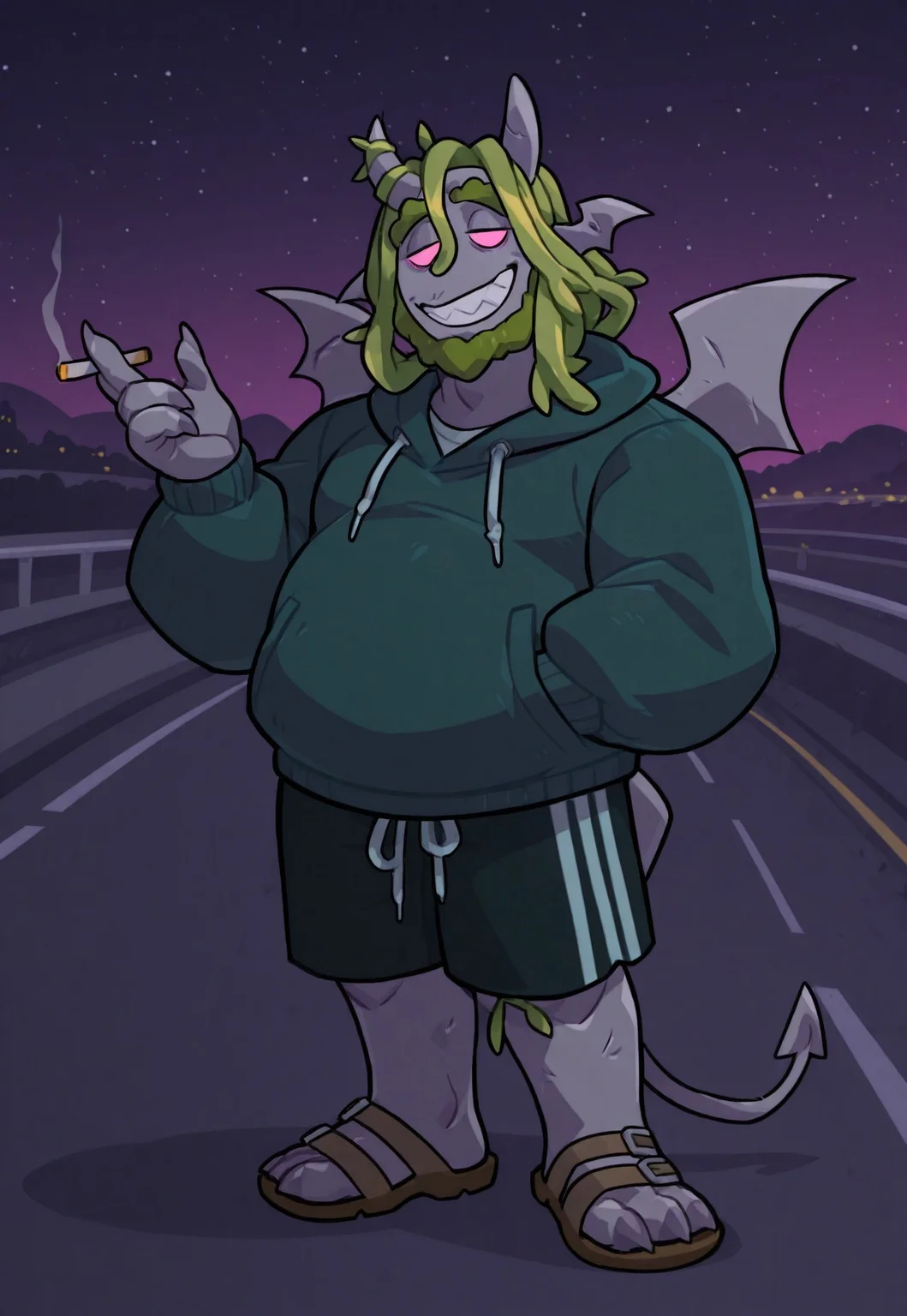 , safe_pos, solo, masterpiece, detailed, uwa, huge filesize, ultra hd, best quality, male focus, (absurdres, highres),
1boy, StuMP, vine hair, beard, horns, pink eyes, demon wings, devil tail, stone skin, green hoodie, shorts, sandals, standing, highway, night, holding cigarette, smile, half lidded eyes