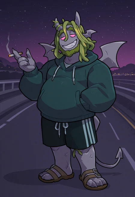 , safe_pos, solo, masterpiece, detailed, uwa, huge filesize, ultra hd, best quality, male focus, (absurdres, highres),
1boy, StuMP, vine hair, beard, horns, pink eyes, demon wings, devil tail, stone skin, green hoodie, shorts, sandals, standing, highway, night, holding cigarette, smile, half lidded eyes