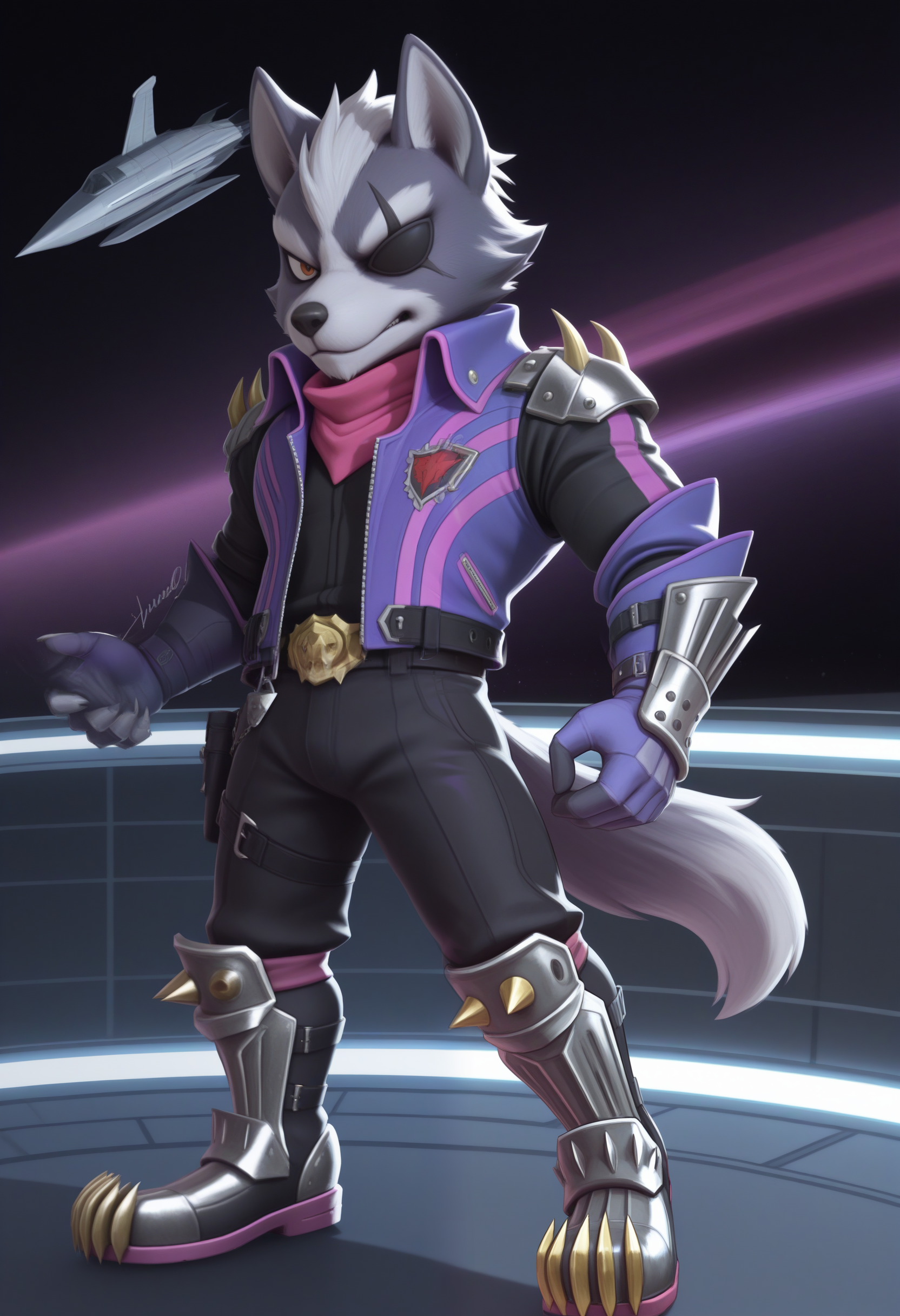masterpiece,best quality, amazing quality, 1boy, solo, wolfSF, wolf boy, eyepatch, ultimate belt, ultimate black belt, purple jacket, pink scarf, ultimate spiked shoulder armor, ultimate black shirt, ultimate steel boots, ultimate black pants, ultimate gauntlets, 

 
space, space ship,