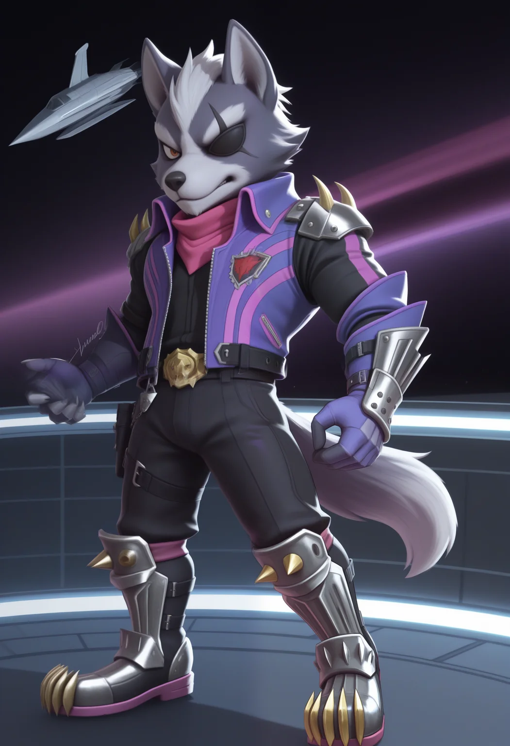 masterpiece,best quality, amazing quality, 1boy, solo, wolfSF, wolf boy, eyepatch, ultimate belt, ultimate black belt, purple jacket, pink scarf, ultimate spiked shoulder armor, ultimate black shirt, ultimate steel boots, ultimate black pants, ultimate gauntlets, 

 
space, space ship,