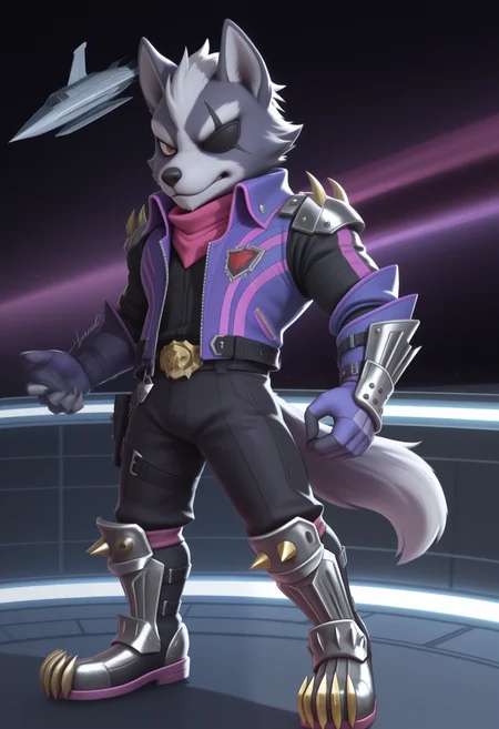 masterpiece,best quality, amazing quality, 1boy, solo, wolfSF, wolf boy, eyepatch, ultimate belt, ultimate black belt, purple jacket, pink scarf, ultimate spiked shoulder armor, ultimate black shirt, ultimate steel boots, ultimate black pants, ultimate gauntlets,
space, space ship,