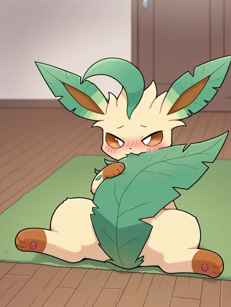 embedding:Smooth Quality,
by horang, pokemon (creature), feral, solo, full body, blush,
leafeon, sitting, big tail, tail bite, biting own tail, tail around body, legs spread, (paw on tail), paw on ground,
BREAK,
masterpiece, best quality, amazing quality, absurdres,
indoors, wooden floors, green carpet,