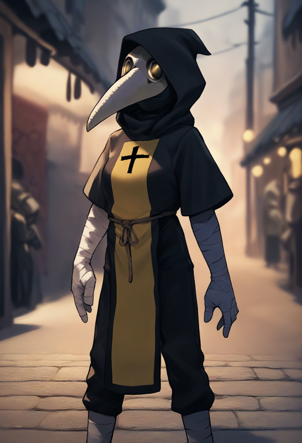 score_9, score_8_up, score_7_up, score_6_up, score_5_up, score_4_up, source_anime, source_furry, digital media \(artwork\), 1girl, (mask, plague doctor:1.25), clothed, clothing, fully clothed, (tabard:1.2), female, hood, solo, standing, topwear, detailed background, outside, street, night, tabard, wraps, bandage, looking at viewer, 
<lora:plaguedoctor_pdxl_:1>
