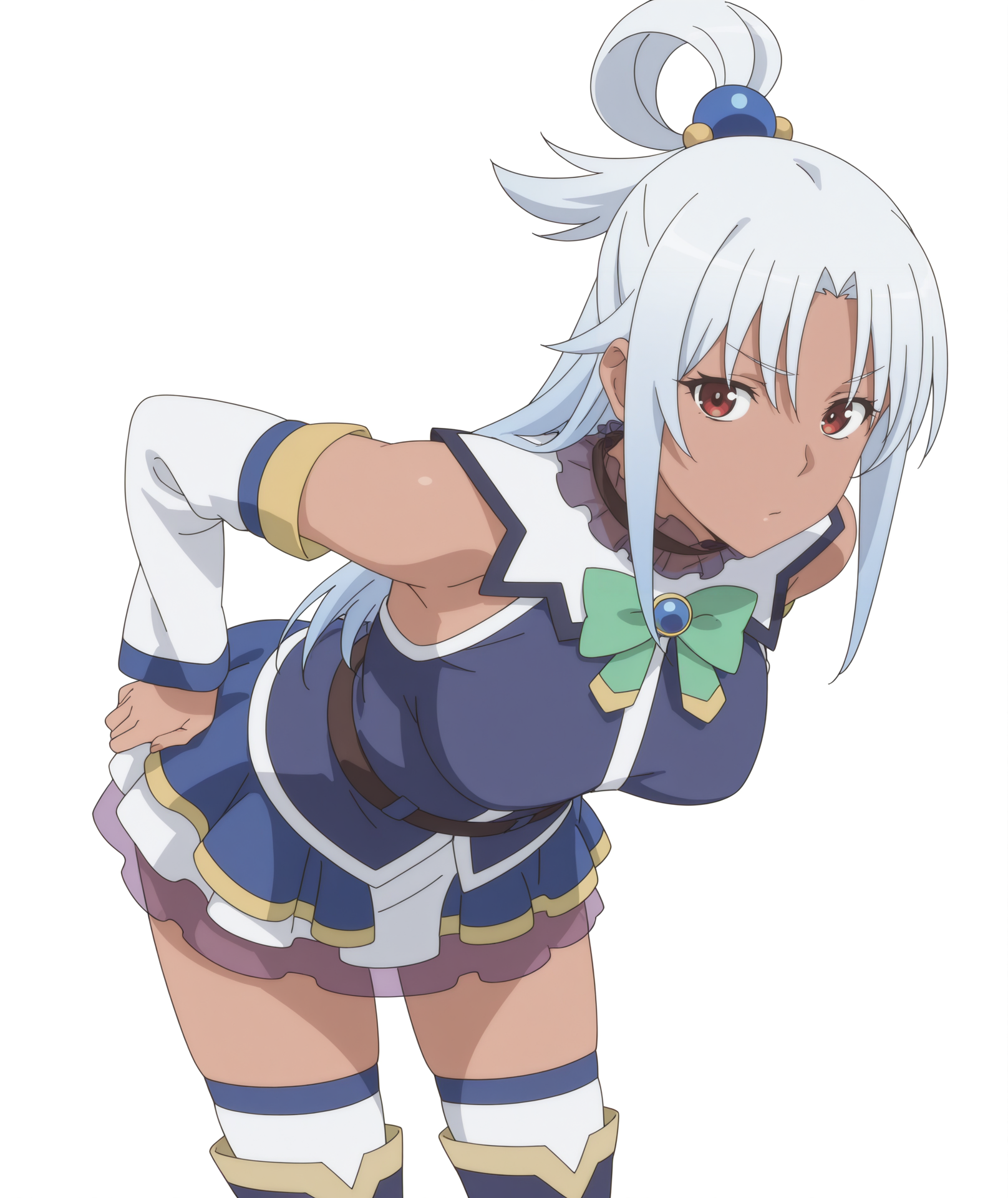 highres, absurdres, hi res, best quality, masterpiece, 2d, intricate details, 4k, anime coloring,
1girl, solo, nose, long hair, red eyes, white hair, grey hair, dark skin, dark-skinned female,
thigh boots, thighhighs, thighhighs under boots, boots, blue footwear, detached sleeves, dress, aqua \(konosuba\) \(cosplay\), 
upper body, leaning forward, 
white background, <lora:Aqua_(Character)_ILXL:1>