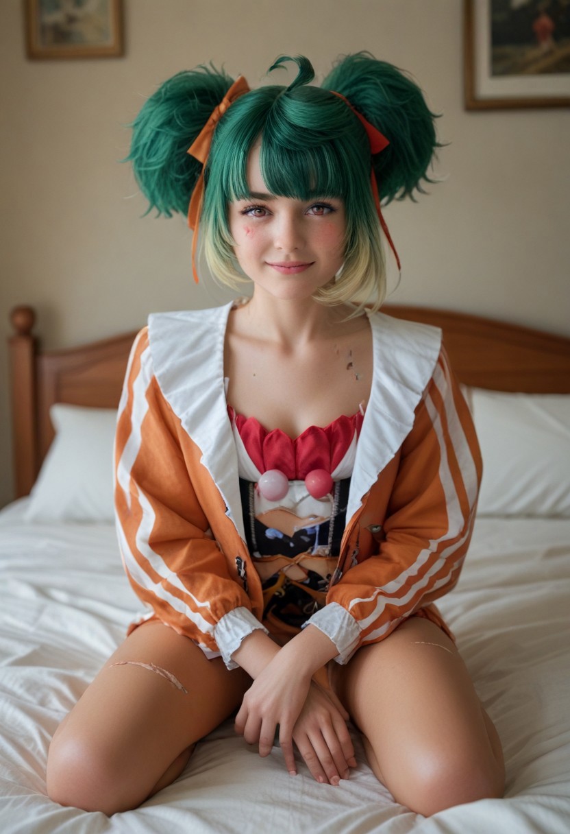 Score_9, Score_8_up, Score_7_up, Expressiveh, masterpiece, best quality, highres, (depth of field:1.5), detailed face,  (((full shot:1.5))),
 1girl, (sitting:1.3), ontop of bed, woman, (ultra HD quality details), conidef, green hair, twintails, multicolored hair, heart ahoge, pink eyes, facial mark, hair ribbon, hair bow, jacket, multicolored clothes, pantyhose, torn clothes, light smile