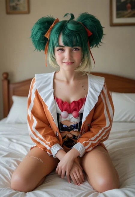 Score_9, Score_8_up, Score_7_up, Expressiveh, masterpiece, best quality, highres, (depth of field:1.5), detailed face,  (((full shot:1.5))),
 1girl, (sitting:1.3), ontop of bed, woman, (ultra HD quality details), conidef, green hair, twintails, multicolored hair, heart ahoge, pink eyes, facial mark, hair ribbon, hair bow, jacket, multicolored clothes, pantyhose, torn clothes, light smile