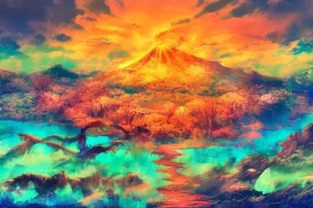 Mh1$AgThS2, intricate linework with expressive contrasts, soft lighting with dynamic highlights, a tranquil large lake in the uplands, sakura trees, blossom, mist, dawn, reflection, with mount fuji in the distance, no humans, In the style of ff-td, FanLan