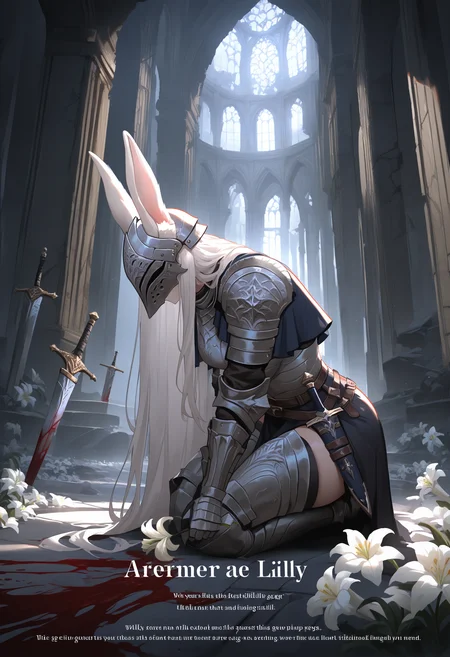 masterpiece, best quality, newest, absurdres, highres, highly detailed, weapon, full armor, kneeling, 1girl, white flower, gauntlets, helmet, planted sword, long hair, dagger, knight, holding flower, knife, lily \(flower\), capelet, english text, arch, white hair, ruins, indoors, mask, blood, greaves, shoulder armor <lora:mrk0n11_n11:1> mrk0n11, rabbit ears, animal ear fluff, leaning forward,