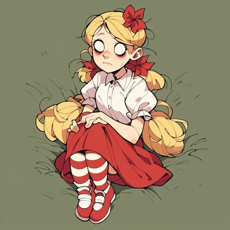 score_9, score_8_up, score_7_up, wendydst, 1girl, solo, twintails, blonde hair, bangs, hair flower, white shirt, short sleeves, puffy sleeves, red skirt, striped thighhighs, closed mouth, no pupils, white eyes, bags under eyes, shoes, clothes, wendy carter, DST