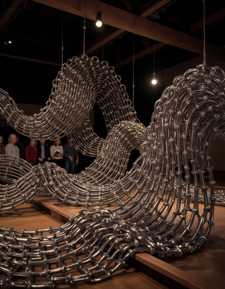 A kinetic sculpture made of interlinked chainmail rings, arranged in cascading, wave-like layers. The chainmail is suspended from a wooden frame, and a system of pulleys operated by hand allows it to ripple and sway gently. As the metal catches the light of nearby lanterns, it glimmers like a flowing river of silver. A bard tells tales of shimmering lakes and enchanted armor while villagers gather, mesmerized by the sculpture's lifelike fluidity and the craftsmanship of its creator.
<lora:ral-kntcscptr-flux:1>