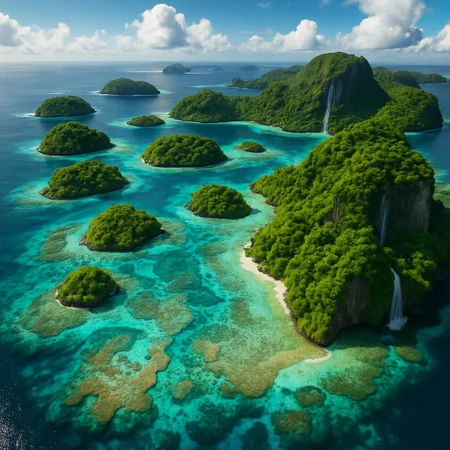 Aerial view of a pristine archipelago, turquoise waters dotted with lush emerald islands. Intricate coral reefs visible beneath crystal-clear shallows, forming mesmerizing patterns. White sandy beaches curve along island edges, contrasting with dense tropical forests. Dramatic cliffs on larger islands, their faces etched with cascading waterfalls. Sunlight glimmers off wave crests, creating a sparkling tapestry across the ocean surface. Clouds cast soft shadows, adding depth to the scene. Rich biodiversity evident in the vibrant colors of flora and fauna. 8K resolution, hyper-detailed, masterpiece quality, perfect lighting, intricate textures.