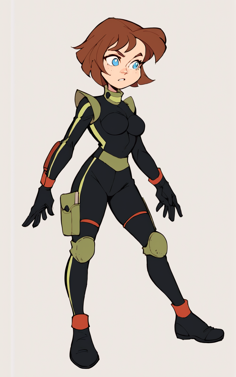 score_9, score_8_up, score_7_up,((best quality)), absurdres, ((full body)), <lora:BolivanteStyle:0.8>, <lora:HPMPSPXL:0.8>,HPMPSPXL,   black bodysuit,short hair, blue eyes, brown hair, gloves, black gloves,bodysuit,knee pads,white background ,standing