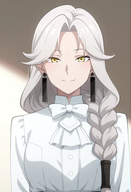 simple_background,official style,anime coloring,(anime screencap) masterpiece,masterpiece,best quality,very aesthetic,absurdres,highres,
maiden,slim figure,medium breasts,<lora:detailed hand focus style illustriousXL v1:0.5>,detailed,
light grey background,solid background,gradient background,backlighting,cinematic_angle,1girl,solo,
arm behind back,smile,upper body,facing viewer,looking at viewer,confident,elegant,(portrait:1.1),
<lora:To Be Hero-QueenV0.1-Nuclear1811-IL:0.8>,braid,Queen-Liu,yellow eyes,grey hair,long hair,bangs,hair over shoulder,single braid,ch2,ch2 jewelry,ch2 earrings,ch2 ascot,ch2 white ascot,ch2 frills,ch2 bow,ch2 white bow,ch2 bowtie,ch2 white bowtie,ch2 shirt,ch2 white shirt,ch2 collared shirt,ch2 long sleeves,ch2 pants,ch2 black pants,ch2 high-waist pants,ch2 shoes,black footwear,ch2 boots,ch2 calf boots,ch2 high heel boots,
