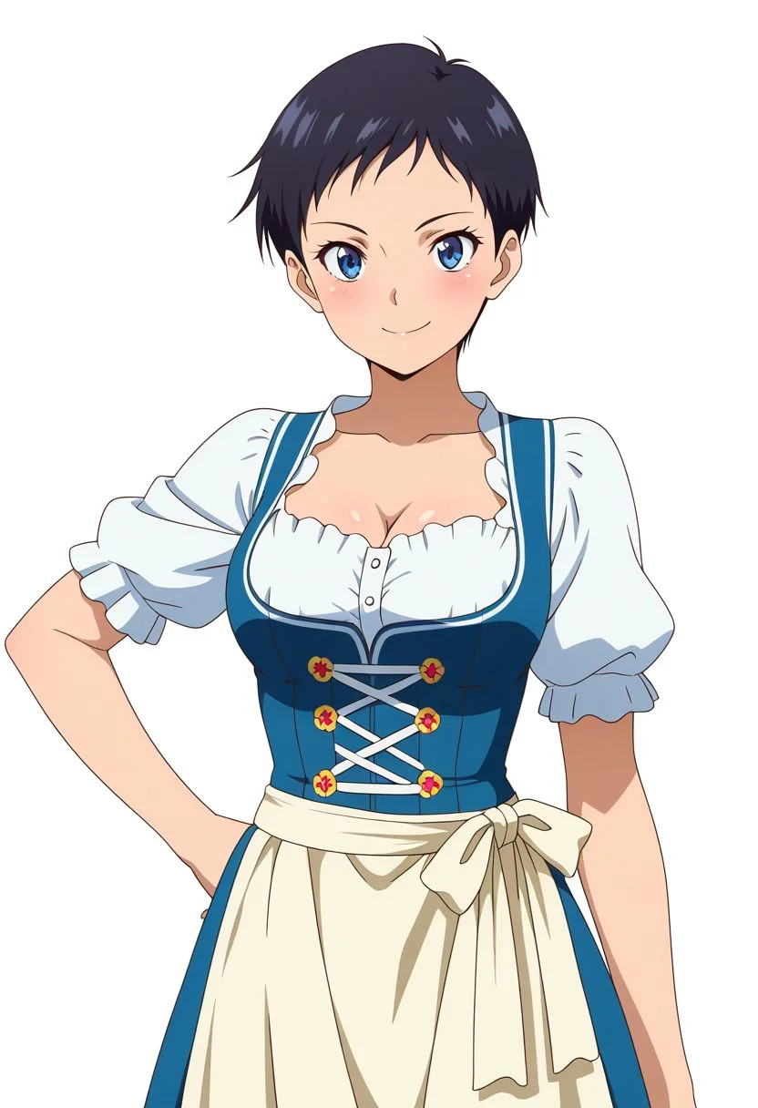 masterpiece, best quality, amazing quality, anime coloring, anime screencap, 1girl, solo, very short hair, black hair, smile, hand on own hip,  simple background, white background,  dirndl,