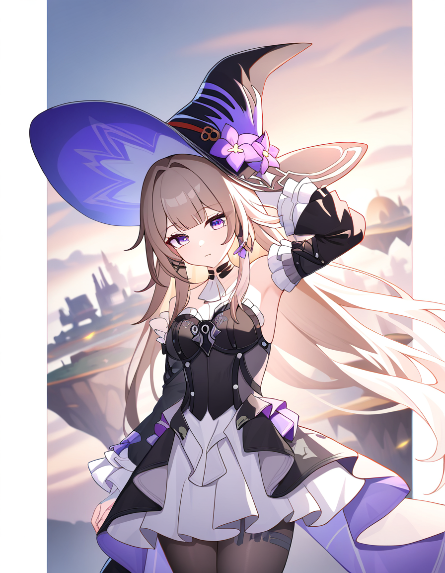 masterpiece, best quality, newest, absurdres, highres, safe,, <lora:the-herta-illustriousxl-lora-nochekaiser:1>, the herta, the herta (honkai: star rail), brown hair, long hair, purple eyes, medium breasts,, bare shoulders, black dress, black hat, detached sleeves, hat, hat flower, hat ornament, long sleeves, pantyhose, witch hat, floating island, sky, clouds, greenery, magical, , hand behind head, , looking at viewer, solo,, cowboy shot, solo