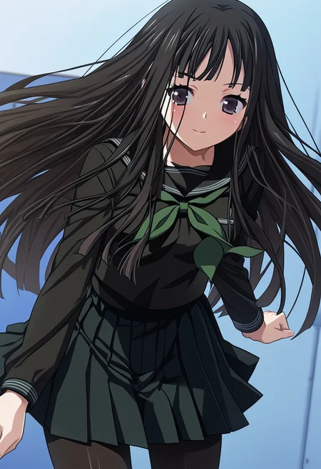 1girl, solo, byakuya rinne, black eyes, black serafuku, green neckerchief, black skirt, black pantyhose, source_anime, score_9