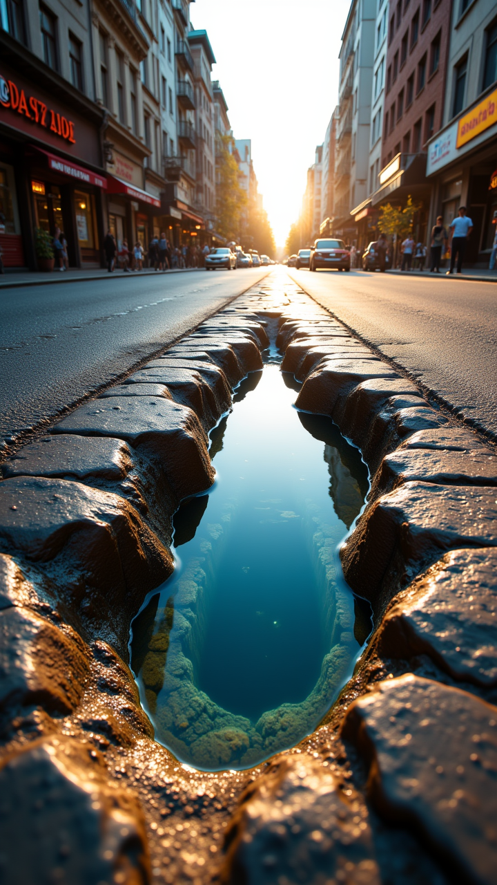 photograph, landscape of a A large, intricately designed pothole sits in the middle of a bustling city street. The water is still and clear, and the sun casts a warm glow on its surface. In the distance, compact camera, 50mm, psychedelic colors, aidmaMJ6.1, aidmafluxpro1.1, aidmaimageupgrader