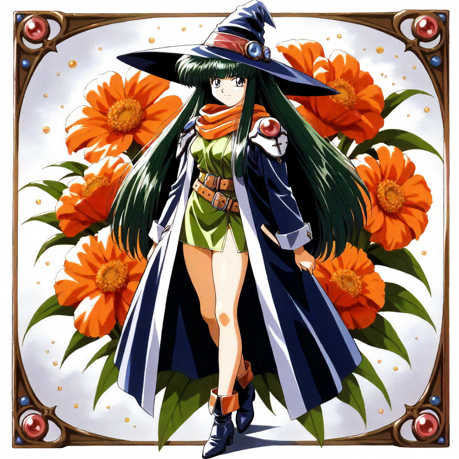 <lora:RC_masou_shizukaXLanimagine001>,
masterpiece,high score,great score,absurdres,
flower background,glitter,
smile,
looking at viewer,
solo,
anime coloring,retro artstyle,1990s (style),
masou_shizuka\(rance_series\),1girl,green hair,long hair,black grey eyes,
witch hat,
orange scarf,shoulder pads,blue coat,long_sleeves,green dress,short dress,belt,
bare legs,boots,
(full body:1.2),
standing,