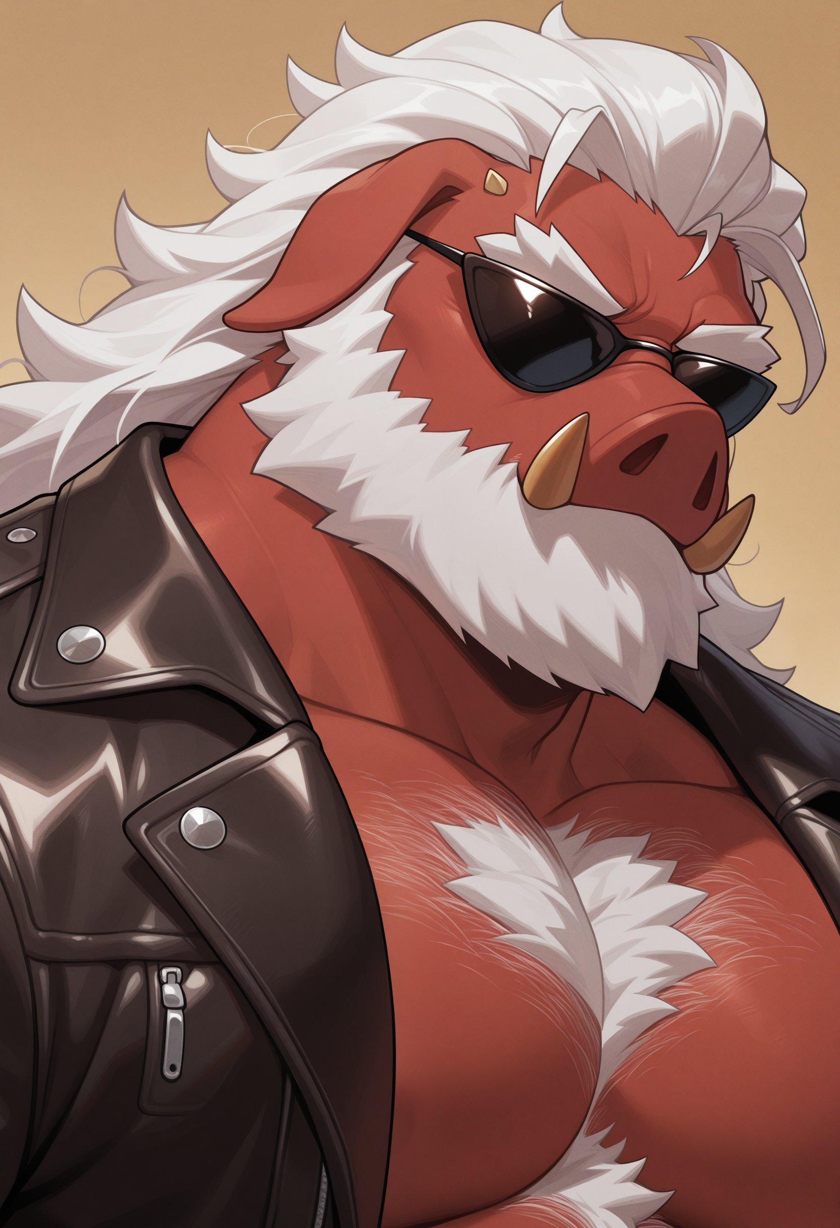 masterpiece, best quality, amazing quality, solo, 1boy, BigDaddy, close up, leather jacket, sunglasses, chest hair