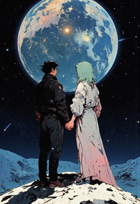 4k quality, (Perfect hand), anime, (masterpiece), (detailed face), detailed
A man with short, spiky black hair with the sides shaved and a woman with light blue, green, and pink hair stand on the surface of the moon facing away from the camera holding hands. They are looking back at earth. Stars and ethereal cosmic light shine in the background.
The overall mood is surreal, melancholic, and otherworldly, with deep shadows and cool, mysterious cosmic energy.