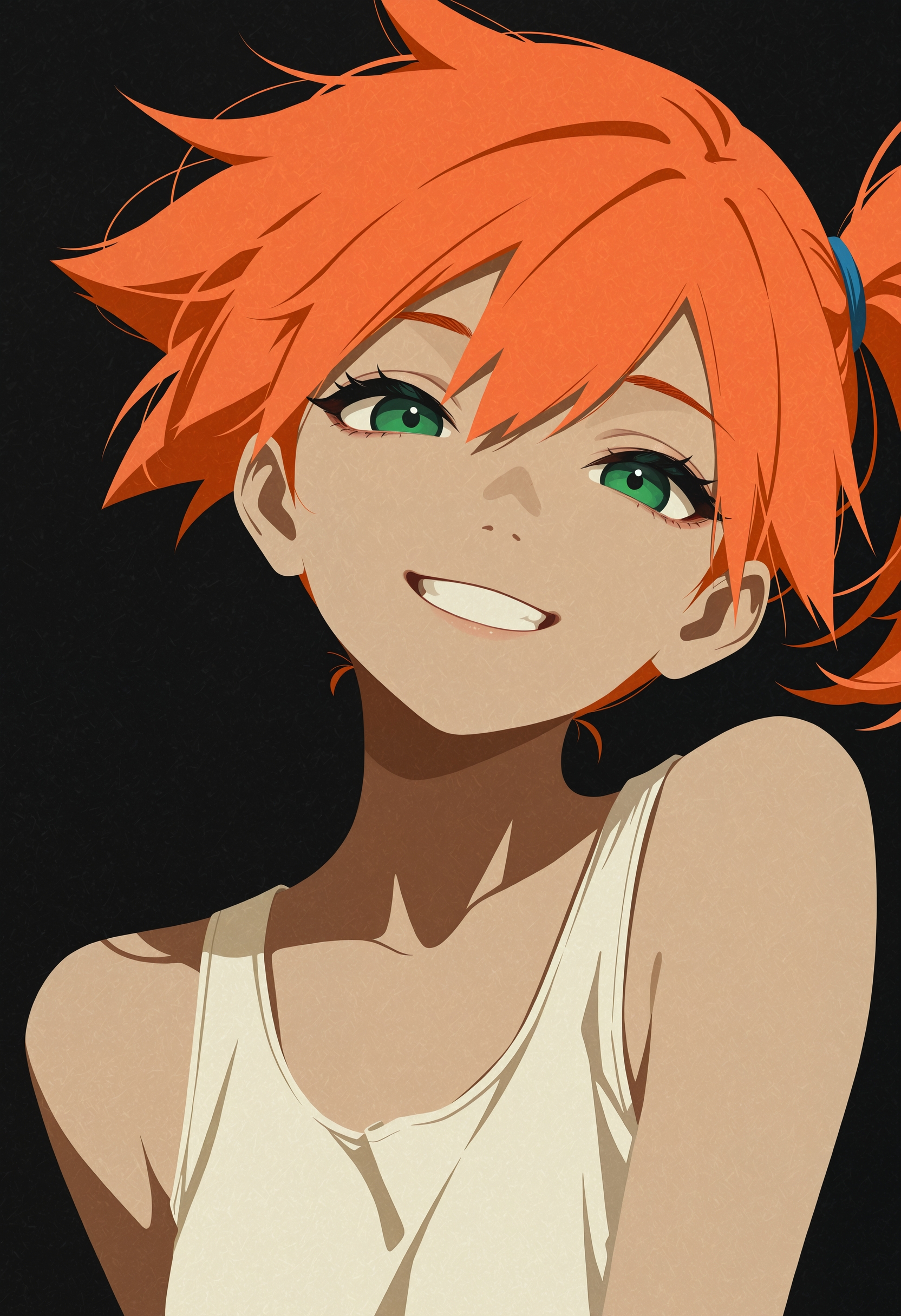 masterpiece, best quality, amazing quality, very aesthetic, absurdres, newest, cvle01, 1girl, solo, (minimalism:1.2), flat-colors, flat-shading, monochrome, (spot-color), misty-\(pokemon\), green-eyes, orange-hair, side-ponytail, smile, grin, head-tilt, clothed, facing-viewer, portrait, abstract-background, two-tone-background, gradient-background, detailed hair, volumetric lighting, realistic-lighting,