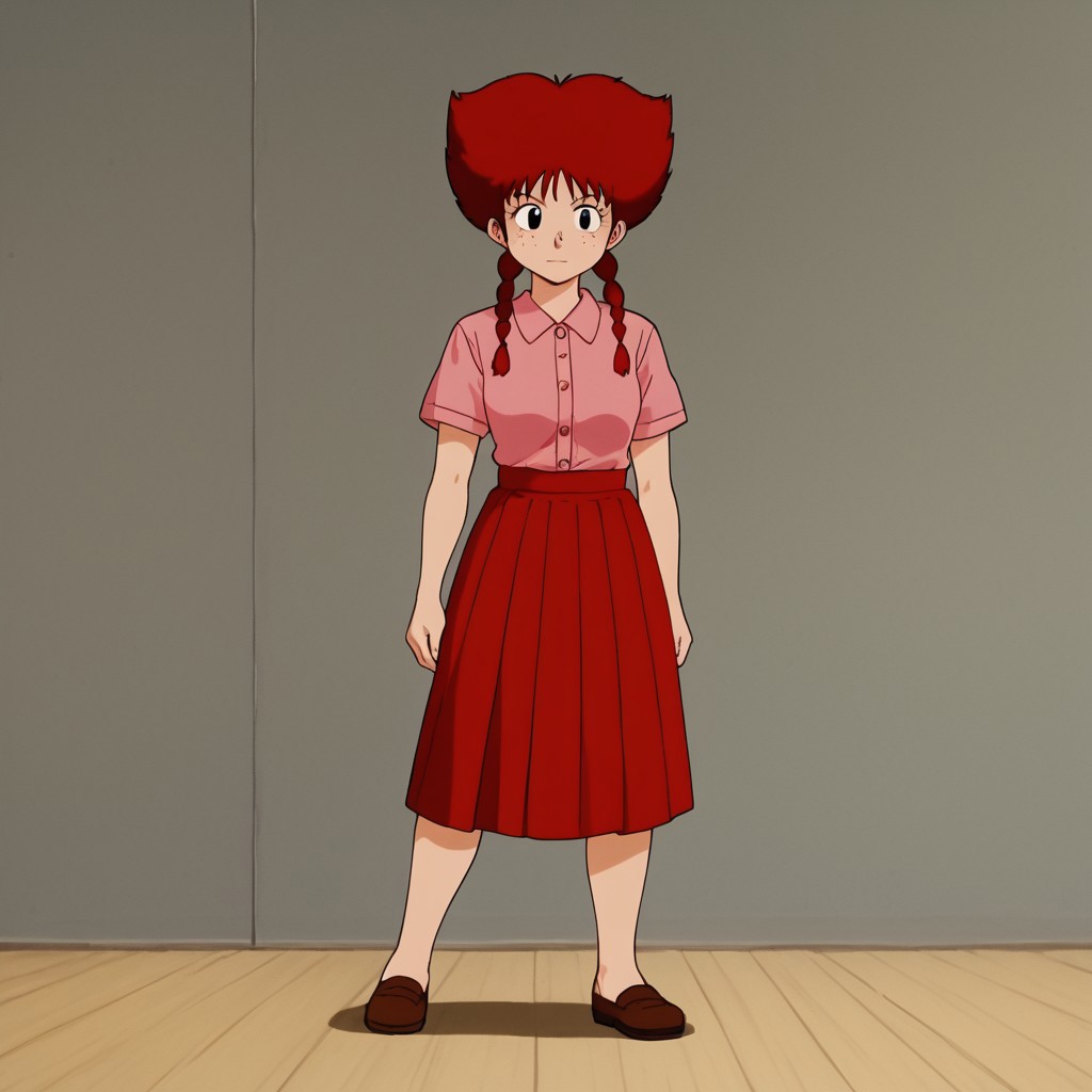 1girl, solo, Tsukune, twin braids, black eyes, red hair, freckles, afro, shirt, skirt, short, sleeves, full body, standing, front view